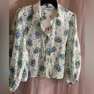 Zara women’s button down white floral top